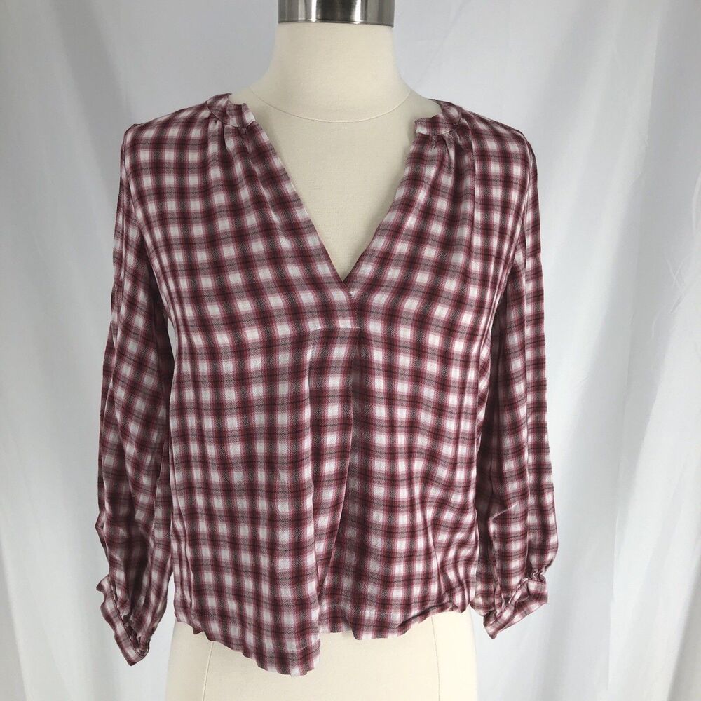 LOFT Outlet Women’s Long Sleeve V-Neck 100% Rayon Multicolors Plaid Blouse XXSP